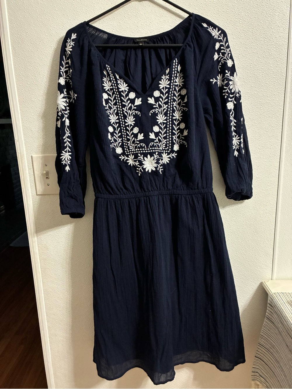 Talbots Navy Embroidered Boho Dress with White Detailing L